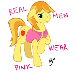 Size: 1000x992 | Tagged: safe, artist:postscripting, braeburn, blushing, clothes, floppy ears, pink, shirt, solo