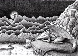 Size: 4884x3514 | Tagged: safe, artist:smellslikebeer, derpibooru import, spike, dragon, black and white, crosshatch, grayscale, ink, looking at something, looking away, monochrome, older, older spike, traditional art