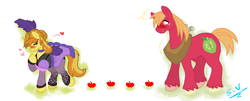 Size: 3820x1544 | Tagged: safe, artist:supergirl125, derpibooru import, big macintosh, braeburn, earth pony, pony, :t, apple, bedroom eyes, blushing, braemac, clothes, crossdressing, dress, everypony's gay for braeburn, eyes on the prize, fishnet stockings, gay, gritted teeth, heart, implied erection, incest, looking back, male, saloon dress, shipping, smiling, stallion, surprised, wide eyes