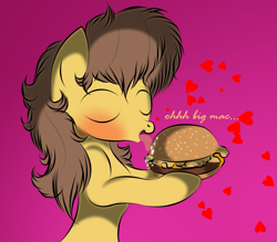 Size: 1137x998 | Tagged: safe, artist:v-d-k, derpibooru import, caramel, big mac (burger), blushing, burger, caramel is awesome, food, hamburger, heart, licking, mcdonald's, ponies eating meat, pun, spit