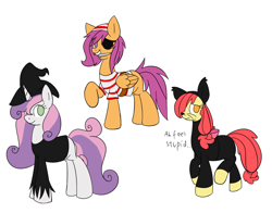 Size: 1280x1004 | Tagged: safe, artist:tails-doll-lover, derpibooru import, apple bloom, scootaloo, sweetie belle, cat, costume, cutie mark crusaders, nightmare night, pirate, teenage crusaders answers, teenager, witch