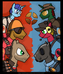 Size: 1280x1493 | Tagged: safe, artist:asktheguardponies, earth pony, pony, unicorn, crossover, engineer, female, heavy weapons guy, looking at each other, male, mare, medic, ponified, pyro, scout, sniper, stallion, team fortress 2, tf2 logo