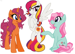 Size: 1116x805 | Tagged: safe, artist:faith-wolff, derpibooru import, minty, sparkleworks, sunny daze (g3), earth pony, pegasus, pony, unicorn, g3, g4, female, flying, g3 to g4, generation leap, mare, simple background, sitting, transparent background, trio