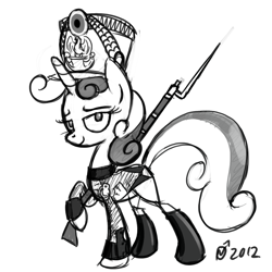 Size: 1000x1000 | Tagged: safe, artist:derkrazykraut, derpibooru import, sweetie belle, bayonet, clothes, gun, horses and bayonets, musket, shako, uniform