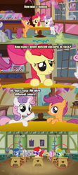 Size: 500x1123 | Tagged: safe, derpibooru import, edit, edited screencap, screencap, apple bloom, archer (character), diamond tiara, liza doolots, noi, petunia, scootaloo, silver spoon, sun glimmer, sweetie belle, tootsie flute, tornado bolt, twist, earth pony, pegasus, pony, unicorn, call of the cutie, circled, comic, cutie mark crusaders, female, filly, foal, recolor, screencap comic