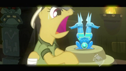 Size: 640x360 | Tagged: safe, derpibooru import, screencap, daring do, pegasus, pony, read it and weep, female, hub logo, mare, sapphire statue