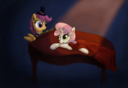 Size: 3498x2423 | Tagged: safe, artist:hewison, scootaloo, sweetie belle, pegasus, pony, unicorn, clothes, duo, duo female, female, high res, piano