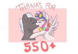 Size: 1280x890 | Tagged: safe, artist:indiefoxtail, derpibooru import, blossomforth, thunderlane, ask, ask blossomforth, bandana, blossomlane, cute, eyes closed, female, goggles, kissing, male, shipping, smiling, spread wings, straight, thank you, tumblr