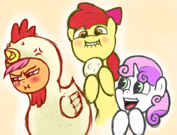 Size: 797x609 | Tagged: safe, artist:poptart36, apple bloom, scootaloo, sweetie belle, blushing, chicken suit, clothes, cutie mark crusaders, egg, faic, female, open mouth, scootachicken, trio, trio female