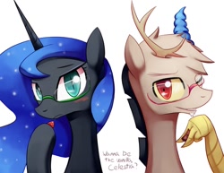 Size: 1100x850 | Tagged: safe, artist:negativefox, discord, nightmare moon, alicorn, draconequus, pony, glasses, implied threesome, tsundere moon