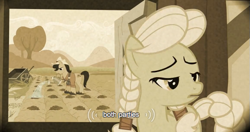 Size: 579x306 | Tagged: safe, derpibooru import, screencap, granny smith, pokey oaks, earth pony, pony, family appreciation day, female, male, mare, stallion, watering can, young granny smith, youtube caption