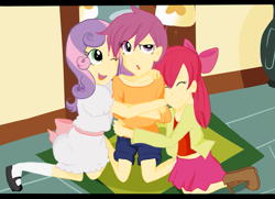 Size: 773x560 | Tagged: safe, artist:mewcherrii, derpibooru import, apple bloom, scootaloo, sweetie belle, human, the cutie mark chronicles, clothes, cutie mark crusaders, dress, group hug, hape, hug, humanized, mary janes, midriff, scene interpretation, shoes, short shirt, skirt