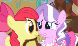 Size: 712x419 | Tagged: safe, screencap, apple bloom, diamond tiara, call of the cutie, close-up, cute, diamondbetes, female, lip bite, not shipping, out of context, stare