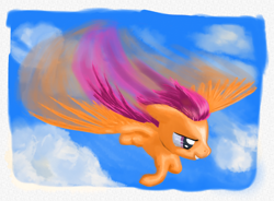 Size: 1242x914 | Tagged: safe, artist:sirustalcelion, scootaloo, pegasus, female, filly, orange coat, purple mane, solo