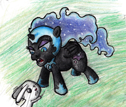 Size: 1235x1052 | Tagged: safe, artist:darkone10, derpibooru import, angel bunny, nightmare moon, cute, nightmare woon