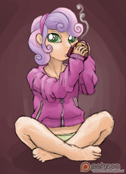 Size: 1000x1379 | Tagged: safe, artist:smudge proof, sweetie belle, human, barefoot, clothes, crossed legs, drinking, feet, green underwear, hoodie, humanized, looking at you, panties, patreon, patreon logo, sitting, solo, underwear