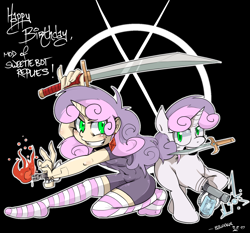 Size: 1280x1195 | Tagged: safe, artist:balooga, sweetie belle, sweetie bot, human, pony, robot, robot pony, unicorn, android, badass, black background, blade, blank flank, clothes, female, filly, fire, foal, gynoid, hooves, horn, horned humanization, human ponidox, humanized, knife, simple background, socks, stockings, striped socks, sword, teeth