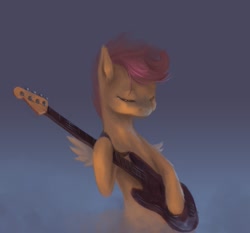 Size: 1286x1200 | Tagged: safe, artist:fruitbloodmilkshake, derpibooru import, scootaloo, bass guitar, bipedal, electric guitar, guitar, musical instrument, scootabass, solo