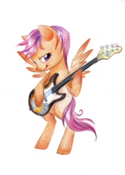 Size: 1056x1476 | Tagged: safe, artist:paulina-ap, derpibooru import, scootaloo, pegasus, pony, bass guitar, bipedal, female, filly, musical instrument, scootabass, solo, traditional art