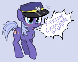 Size: 562x448 | Tagged: safe, oc, oc:blue fuzz, blushing, criminal scum, cute, dialogue, glare, hat, nervous, open mouth, police, police pony, stop right there criminal scum, stuttering, sweat, tsundere, yelling