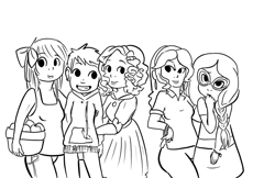 Size: 750x485 | Tagged: safe, artist:mt, apple bloom, diamond tiara, scootaloo, silver spoon, sweetie belle, cutie mark crusaders, humanized, monochrome