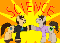 Size: 900x656 | Tagged: safe, artist:aisu-isme, avengers, bruce banner, hoofbump, ponified, science, tony stark