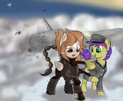 Size: 4000x3300 | Tagged: safe, artist:colgatefim, derpibooru import, oc, oc only, oc:sunset sherbet, pegasus, pony, fallout equestria, armor, cloudship, enclave, enclave armor, enclave raptor, fallout, fanfic, fanfic art, female, grand pegasus enclave, hat, hooves, mare, open mouth, power armor, powered exoskeleton, raptor battleship, wings