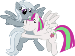 Size: 6500x4858 | Tagged: safe, artist:ambassad0r, derpibooru import, blossomforth, silverspeed, pegasus, pony, absurd resolution, female, hug, mare, simple background, transparent background