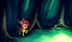 Size: 1920x1131 | Tagged: dead source, safe, artist:chimicherrychonga, apple bloom, everfree forest, flower, glow, solo