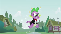 Size: 373x210 | Tagged: safe, screencap, spike, dragon, circling stars, clothes, cloud, dizzy, house, male, ponyville, sky, solo, wavy mouth