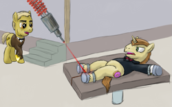 Size: 831x519 | Tagged: safe, artist:smallhacker, derpibooru import, donut joe, earth pony, pony, unicorn, auric goldfinger, con mane, donut, food, goldfinger, james bond, laser, male, movie reference, parody, peril, ponified, stallion, tied down, unshorn fetlocks