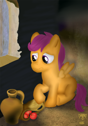 Size: 840x1200 | Tagged: safe, artist:timidusartifex, scootaloo, pegasus, apple, female, filly, orange coat, purple mane, solo