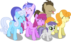 Size: 8000x4744 | Tagged: safe, artist:ambassad0r, derpibooru import, berry punch, berryshine, carrot top, doctor whooves, golden harvest, sea swirl, seafoam, shoeshine, tornado bolt, absurd resolution, simple background, transparent background