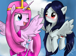 Size: 1907x1412 | Tagged: safe, artist:zorbitas, derpibooru import, alicorn, pegasus, pony, adventure time, blushing, female, lesbian, marceline, one eye closed, ponified, princess bubblegum, shipping, wink