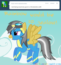 Size: 1280x1366 | Tagged: safe, artist:drumblastingquilava, derpibooru import, daring do, ask, askdashanddo, tumblr, wonderbolts, wonderbolts uniform