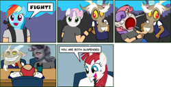 Size: 656x334 | Tagged: safe, derpibooru import, discord, sweetie belle, oc, oc:fausticorn, faic, fight, lauren faust, law for kids, meme, school, sweetie derelle, trollface