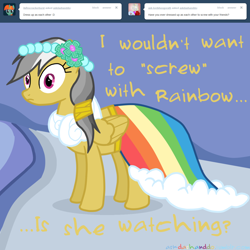 Size: 1280x1280 | Tagged: safe, artist:drumblastingquilava, derpibooru import, daring do, ask, askdashanddo, clothes, dress, gala dress, tumblr