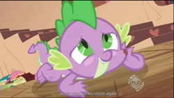 Size: 1344x756 | Tagged: safe, screencap, spike, dragon, secret of my excess, hub logo, youtube caption