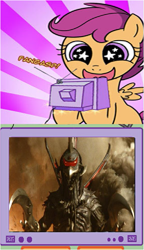 Size: 429x745 | Tagged: safe, scootaloo, kaiju, pony, exploitable meme, gigan, godzilla (series), godzilla final wars, meme, scootaloo's new idol, tv meme