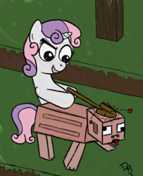 Size: 614x756 | Tagged: safe, artist:dennyhooves, sweetie belle, pig, pony, unicorn, abuse, claire corlett, grin, minecraft, shovel, smiling, that was fast, tongue out