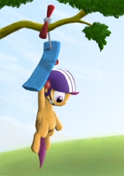 Size: 2480x3508 | Tagged: safe, artist:jarwall, derpibooru import, scootaloo, dangling, high res, scooter, solo, tree