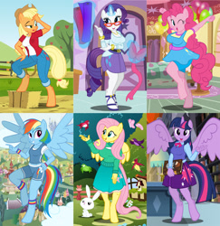 Size: 1188x1224 | Tagged: safe, artist:flash equestria photography, derpibooru import, angel bunny, applejack, fluttershy, pinkie pie, rainbow dash, rarity, twilight sparkle, twilight sparkle (alicorn), alicorn, anthro, bird, earth pony, pegasus, rabbit, unguligrade anthro, unicorn, apple, apple tree, applerack, big breasts, book, bookshelf, bracelet, breasts, clothes, compression shorts, cowboy hat, cute, equestria girls outfit, female, food, glasses, hat, hay, hay bale, headlight sparkle, high heels, hootershy, jewelry, looking at you, magic, mane six, one eye closed, open mouth, pants, pinkie pies, pleated skirt, ponyville, raritits, sandals, shirt, shoes, shorts, show accurate, skirt, sky, smiling, stetson, sweater, sweatershy, tree, wristband