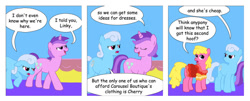 Size: 900x365 | Tagged: safe, artist:t-brony, derpibooru import, amethyst star, cherry berry, linky, shoeshine, comic:friendship is tragic, clothes, comic, comic sans, dress, gala dress