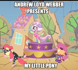 Size: 907x817 | Tagged: safe, derpibooru import, edit, edited screencap, screencap, apple bloom, scootaloo, sweetie belle, the show stoppers, andrew lloyd webber, bipedal, clothes, cropped, cutie mark crusaders, image macro, musical, show stopper outfits, standing, standing on one leg