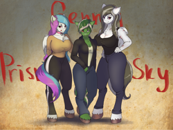 Size: 4104x3086 | Tagged: safe, artist:kittytitikitty, oc, oc only, oc:genny, oc:prism, oc:sky, anthro, pegasus, unguligrade anthro, unicorn, anthro oc, big breasts, breasts, commission, digital art, female, high res, mare, trio