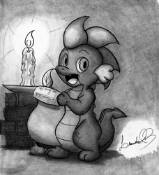 Size: 900x988 | Tagged: safe, artist:leanrb, derpibooru import, spike, dragon, book, candle, grayscale, monochrome, quill, signature