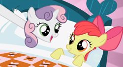 Size: 848x464 | Tagged: safe, derpibooru import, screencap, apple bloom, sweetie belle, stare master, bed, duo, hush now quiet now, long neck, long pony, stretching, sweetie giraffe