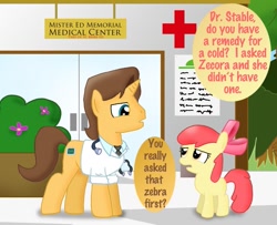 Size: 1039x843 | Tagged: safe, artist:ajmstudios, derpibooru import, apple bloom, doctor horse, doctor stable, comic, doctor, implied zecora