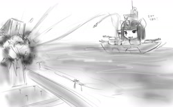 Size: 1332x828 | Tagged: safe, artist:alloyrabbit, boatpony, original species, battleship, battleship ponies, building, cruise missile, destruction, explosion, missile, monochrome, sketch