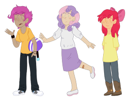 Size: 1298x994 | Tagged: safe, artist:nyan-cow, derpibooru import, apple bloom, scootaloo, sweetie belle, humanized